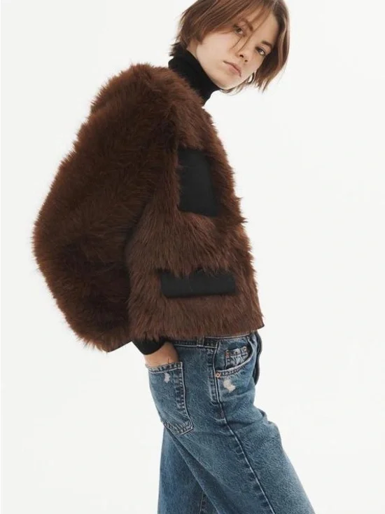 Zara Brown Faux Fur Bomber Jacket with Black Trim - Picture 3 of 6